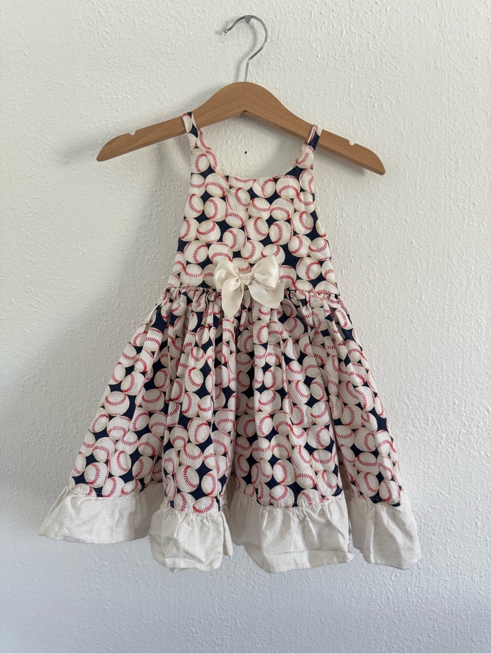 Girls Navy and White Baseball Print Sundress with Bow Accent